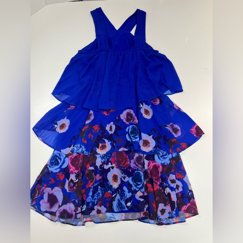 Badgley Mischka Popover Ruffle Mini Dress Blue Floral Size 2 Sleeveless Sundress - Picture 4 of 14